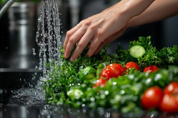 Close-up of hands washing vegetables under tap water in the kitchen, preparing ingredients for a fresh salad., Generative AI