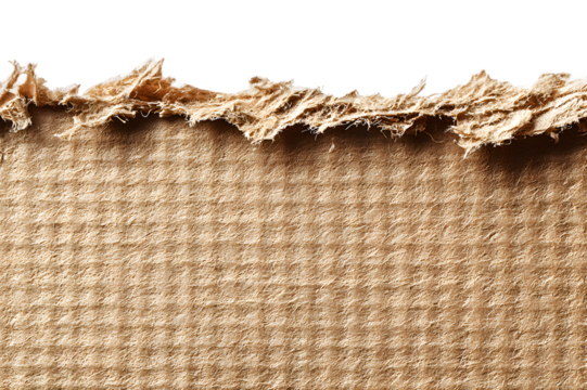 Closeup of a torn piece of brown cardboard, showing its fibrous isolated on transparent background