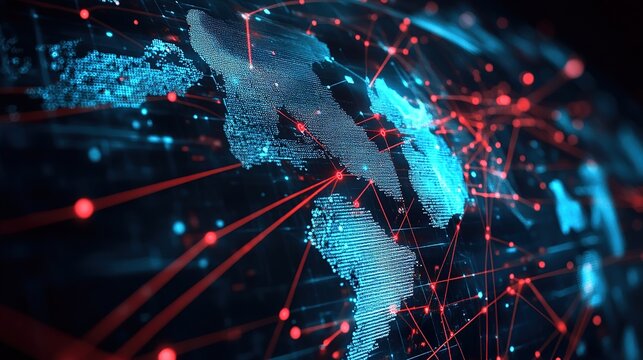 A digital representation of Earth with glowing blue continents connected by red network lines and nodes, symbolizing global data exchange and technology. - Powered by Adobe