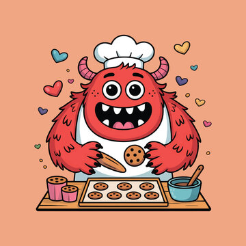 Cute monster baking cookies cartoon vector illustration,Generative Ai