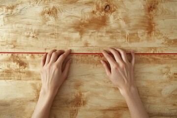 Hands of a person doing a DIY project at home, measuring wood for cabinet crafting as a hobby., Generative AI