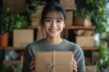 Happy woman receiving a goods package from an online store, symbolizing the convenience of e-commerce., Generative AI
