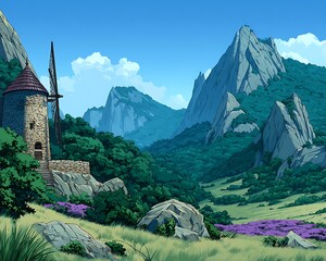 Mountain valley with windmill