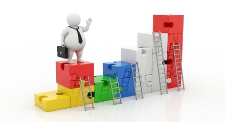 Business success concept with puzzle pieces and ladder, career growth and achievement