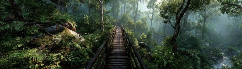 Obraz premium A misty forest scene with lush greenery surrounds a narrow wooden bridge extending into the fog, creating a mysterious and tranquil atmosphere.