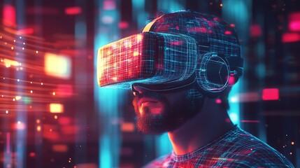 A bearded man wearing a futuristic VR headset is immersed in a digital, neon-lit virtual reality environment.