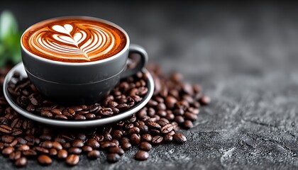 Latte art on dark surface with coffee beans