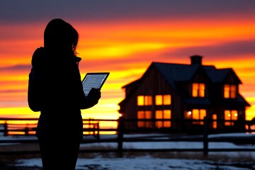 Woman with tablet at sunset, home in background