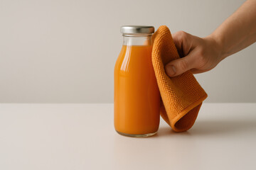 Hand holding orange cloth cleans glass bottle of fresh juice on white surface