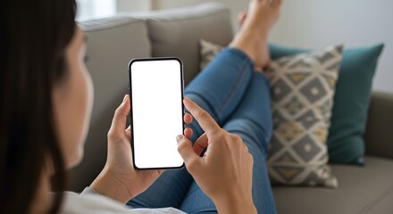  Woman sitting comfortably on sofa while holding a smartphone with a blank white screen.