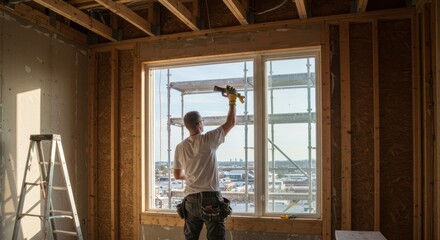 Construction Worker Installing Window in New Building