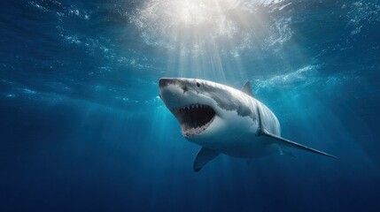 Dramatic Close-Up of Great White Shark Swimming Toward Sunlit Ocean Surface