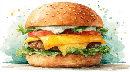 A watercolor illustration of a cheeseburger with lettuce, tomato, cheese, and a sesame seed bun on a light background.