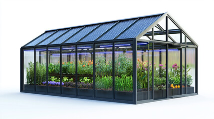 Climate-Controlled Greenhouse with Lush Plant Rows and Exterior Sensors

