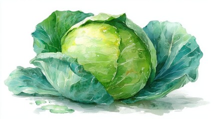 Fototapeta premium A watercolor painting of a fresh green cabbage with large leaves on a white background.