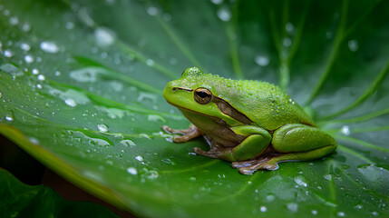 Naklejka premium Save the Frog Day, a green frog sits on a lotus leaf in a pond, the rain wets the leaf and the water ripples gently. Fresh green tropical forest background. AI generated images.