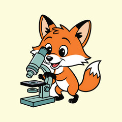 Obraz premium Cartoon Fox Scientist Looking Through Microscope Vector Illustration,Generative Ai