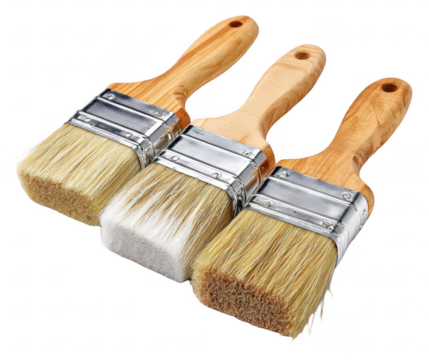 Three paintbrushes with light-colored wooden handles and metal caps, arranged in a slight overlapping pattern
