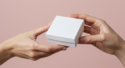 Female hands holding small white gift box on pink background