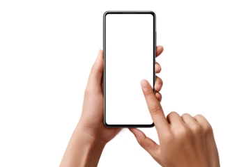 Closeup of a hand using a smartphone with a blank screen, isolated on transparent background