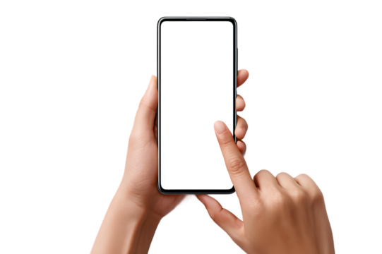 Closeup of a hand using a smartphone with a blank screen, isolated on transparent background