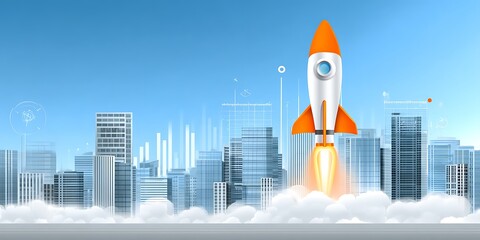 Rocket launching over city skyline