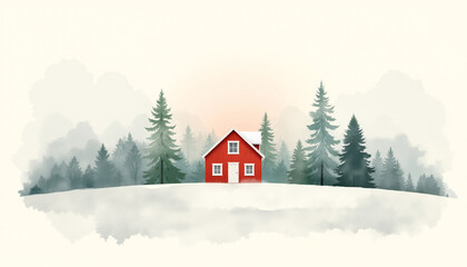 Fototapeta premium Red cabin surrounded by pine trees in a winter Nordic landscape art 
