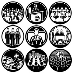 Seminar icon set. Business line icons: teamwork, collaboration, education, coaching, team building, meeting, training, presentation and more. Editable stroke. Vector illustration.