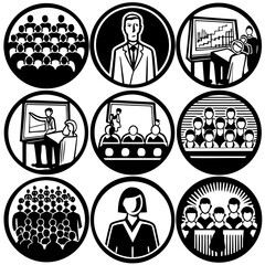 Seminar icon set. Business line icons: teamwork, collaboration, education, coaching, team building, meeting, training, presentation and more. Editable stroke. Vector illustration.