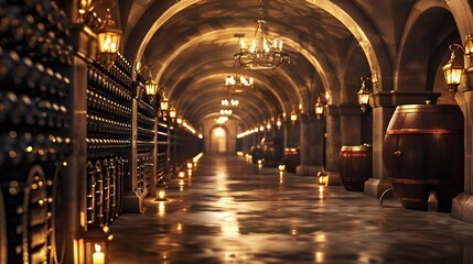 Arched Wine Cellar Tunnel with Dim Lighting