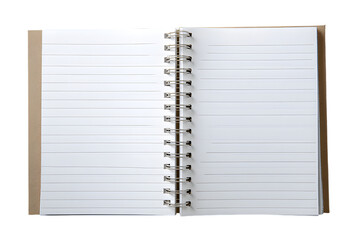 An open spiralbound notebook with lined white pages and a brown cardboard cover, isolated on transparent background