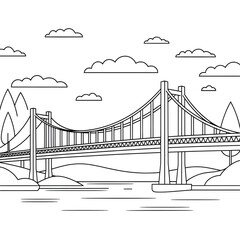 A black and white bridge illustration line art of a coloring page