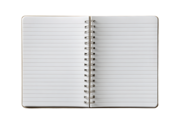 Open spiralbound notebook with blank lined pages isolated on transparent background