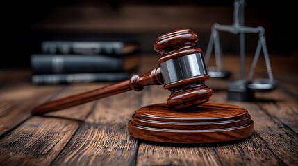 Wooden gavel and scales of justice on a rustic table
