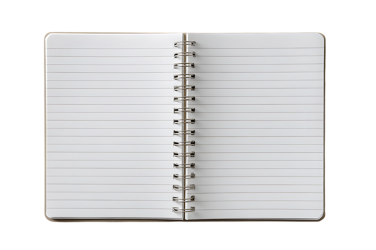 Open spiralbound notebook with blank lined pages isolated on transparent background