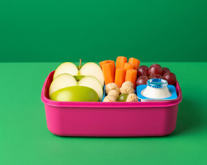 Child’s Lunchbox Filled With Snacks On Green Screen Counter