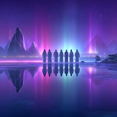 A serene, ethereal landscape at night