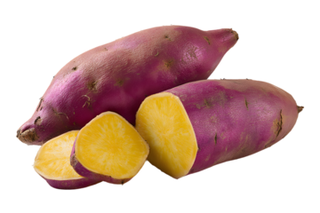 A whole purple sweet potatoes and two slices showcasing their vibrant yellow flesh isolated on transparent background