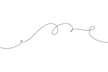 Abstract continuous thin rope line with curlicues, bends on a white background, vector. The graphic modern element for the background, decoration, and design is hand-drawn