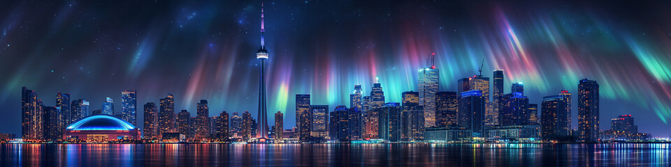 Fototapeta premium Panoramic cyberpunk blue background, world bathed in neon light, smart city rose high tech, futuristic skyline tower skyscraper.
