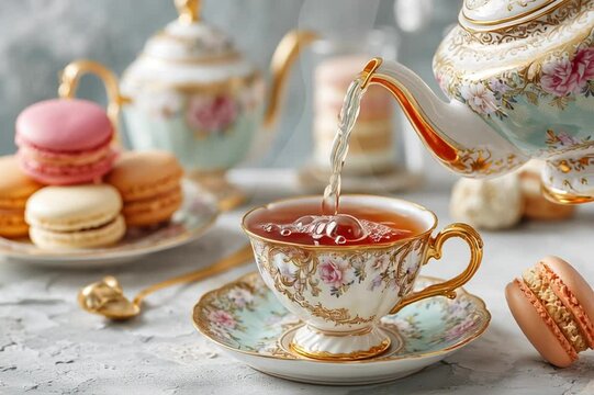A pretty mothers' day high tea with tea being poured into a beautiful cup with a plate of macaroons in the background.