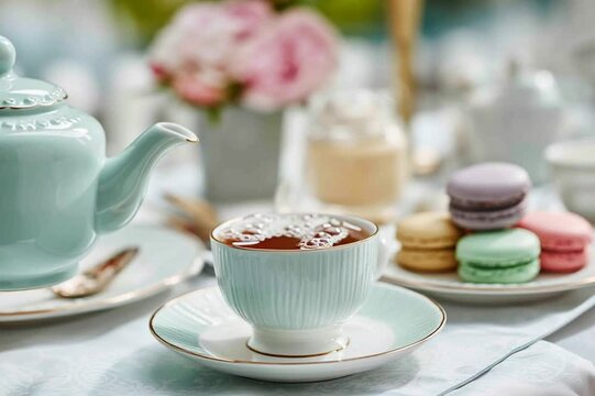 A pretty mothers' day high tea with tea being poured into a beautiful cup with a place of macaroons in the background.