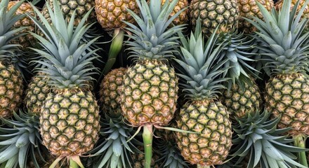 A vibrant, close-up vertical shot showcasing a bountiful pile of fresh, ripe pineapples with their spiky green crowns, ready for enjoyment.