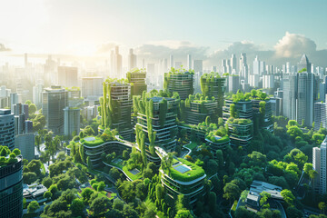 A futuristic glass city covered in lush greenery with floating walkways and solar-powered architecture.