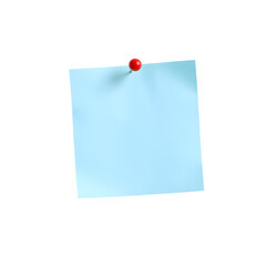 A single light blue sticky note attached with a red pushpin isolated on transparent background
