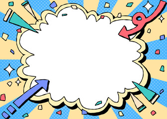手書きの曲線フレームとデコレーション、ポップな背景フレーム、サンバースト、矢印、紙吹雪、コミック風