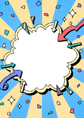 手書きの曲線フレームとデコレーション、ポップな背景フレーム、サンバースト、矢印、紙吹雪、コミック風、縦向き