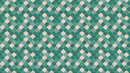 A seamless pattern of green and white quatrefoil shapes with gold outlines in a repeating design