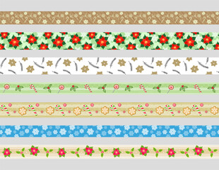 Different ribbons with Christmas decor, isolated on a grey background. Collection of various horizontal edging with poinsettia flowers, mistletoe, snowflakes and Xmas sweets. Vector set for washi tape
