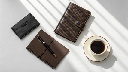 Flatlay of Leather Planners Pen and Coffee Cup on White Desk, Minimalist flat lay of luxury leather stationery items on white background, including a notebook, wallet, pen, and coffee cup 